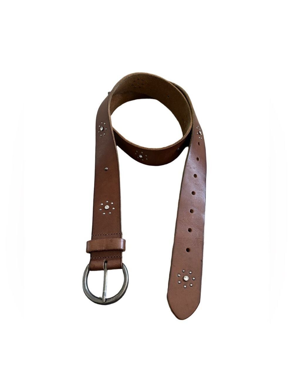 Unbranded brown leather belt studs clear stones burnished silvertone buckle 45”
